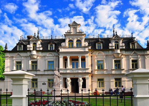Pałac Buchholtza w którym mieści się główny budynek szkoły wzniesiono prawdopodobnie między rokiem 1892 a 1903, a następnie rozbudowano go do granic istniejącego obecnie. Brak jest informacji o autorze projektów całego zespołu. Prawdopodobnie Adolf Buchholtz zbudował ten pałac wkrótce po zawarciu związku małżeńskiego z Adelą Marią Scheibler.

Początkowo był to niewielki pałacyk, usytuowany w pobliżu fabryki, który w późniejszym okresie został rozbudowany, poprzez dodanie od strony zachodniej skrzydła bocznego oraz wieży. Przy okazji zmieniono wystrój pałacu zarówno wewnętrzny jak i zewnętrzny.

Po II wojnie światowej pałac przeznaczony został na cele szkolnictwa średniego. W pierwszych latach po wojnie użytkowany był przez Technikum Finansowe, a w roku 1959 pałac przekazano Liceum Plastycznemu.